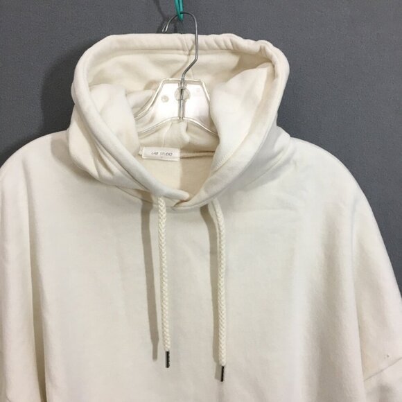 LAB STUDIO Womens Hoodie Size Large Kangaroo Pocket Ivory Fleece Lining - Picture 2 of 15